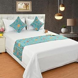 Shri Anand Creations Hand Embroidered Bed Runner Scarf with Matching Cushion Covers/Slipcover Mattress Protector/Bed Linen Scarf/Decorative Set for Bedrooms/Hotel Rooms (Aqua)-10