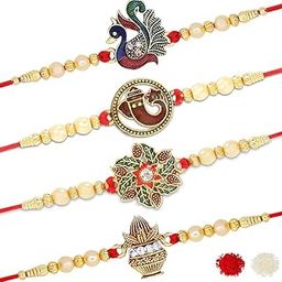 Fabulous Gold Plated Meenakari Rakhi (Set of 4) with Roli Chawal and Greeting Card (E1G1M1P7)-image-70