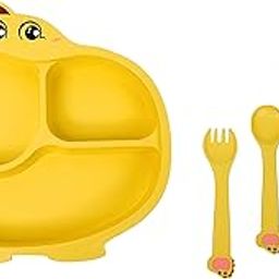 WireScorts Bamboo Fiber Feeding Set for Kids – Cartoon Design Children Tableware Set, Utensils and Dishes Includes Plate Spoon, Fork and Chopsticks, Plates for Kids Tableware Cutlery - Yellow-picture-21
