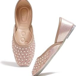 Women Ethnic Flats – Pearl & Stone Embellished Comfort Slip-Ons For Party & Festivals-image-0