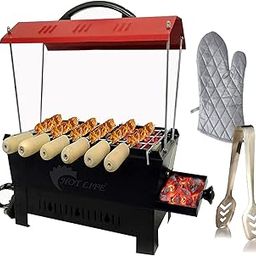 HOTLIFE Camping Barbecue Grill, Tandoor, toaster, Roaster Fully Electric Charcoal Compact Portable, Large Size, Red Electric Grill with 6 Wooden Handle Skewers, Hand Gloves tong, Free Standing-picture-1
