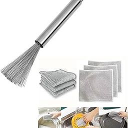 Stainless Steel Kitchen Pot/Pan Cleaning Brush Cookware Scrubber with Handle + (Pack of 3) Non-Scratch Double Sided Steel Wire Dishwashing Cloth Scrubber for Wet and Dry.-image-10