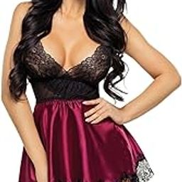 Women’s Solid Babydoll Lingerie Set Satin Fabric Nightie Night Gown Role Play Floral Mini Dress for Wedding Honeymoon Bridal Sleepwear with Eye Fold Free Size-picture-16