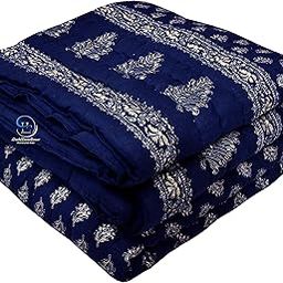 AUROSTYLE 400 TC Jaipuri Light Weight Pure Cotton Traditional Floral Design With Gold Print Single Bed Quilt/Razai/Rajai (Blue With Daie Gold, Single Bed)-image-73