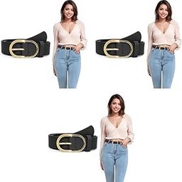 Women PU Leather Belt 40 Trendy Black Golden Buckle Design Versatile Fashion for Jeans Dress Trousers 3PCS-image-34