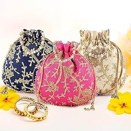 Kuber Industries Pack of 3 Potli Bags for Ladies & Girls | Shagun Pouches for Festive Seasons | Embroidery Bridal Purse -Dark Blue, Cream & Pink-image-88