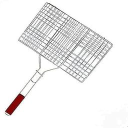 Stainless Steel Portable Barbecue BBQ Grill Fish Net Basket Roast Grilling with Wooden Handle for Camping Outdoor, Silver-68