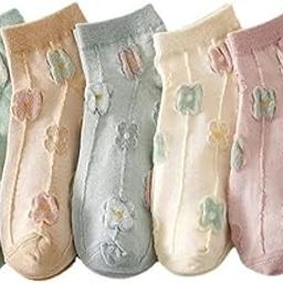 Floral Pattern Ankle Socks for Women, Cotton Blend, Pastel Colours, Pack of 5 Pairs-17