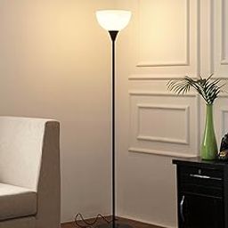 Divine Trends Uplighter Black Polished Floor Lamp for Living Room with Frosted Glass Lampshade | Includes LED Warm Bulb | Hidden Wire Design | Uplight Corner Standing Lamp for Home | Pack of 1-0