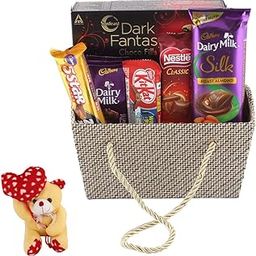 SFU E Com Chocolate Gift Hamper With Handmade Basket | Valentine Heart Teddy Bear With Chocolate Combo | Valentine Chocolate Hamper | 825-45