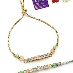 Charming Gold Plated Kundan with beadable Rakshabandhan Combo Lumba Rakhi for Brother Bhiya Bhabhi with Roli Chawal & Greeting Card|Set of 2|CBRAKL107462-21