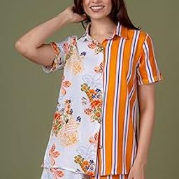 Cotton Nightwear Set for Women | 2 Pcs Shirt & Shorts Combo | Mixed-Print Sleepwear for Girls & Ladies | Shirt and Shorts | Comfortable & Stylish | Striped - White & Orange-image-76
