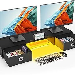 YAOHUOO Dual Monitor Stand with 2 Drawers, Computer Monitor Riser for 2 Monitors, Large Desktop Organzier with Storage for PC/Laptop/Computer/TV Screen/Printer-image-47