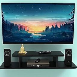ANYBAR Wooden Floating TV Entertainment Unit - Wall Mounted Stand for Set Top Box, Wall Hanging Storage Shelf, Cabinet, Rack for Home, Bedroom, Living Room (Black)-image-84