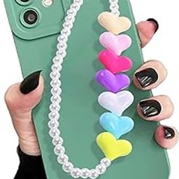 ONCRO® White pearl Acrylic hearts colorful beads bracelet phone charms hangings handmade aesthetic for mobile cover string jewellery good luck lanyard cute for women girls beaded cord wrist strap-17