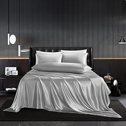 Dehman Silky Satin Silk Duvet Cover, 22 Momme Mulberry Silk, Hypoallergenic,for Hair Beauty, Prevent Side Sleeping Wrinkles, Have Good Dreams (California King (108"x96"), Silver Grey)-image-9