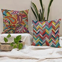 STITCHNEST Abstract Printed Poly Cotton Cushion Covers, Set of 2 (24 x 24 Inches)-1