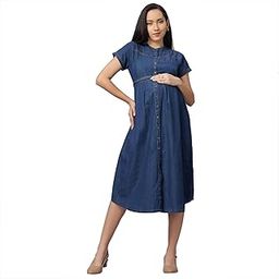 Denim Solid Maternity Dress-image-68