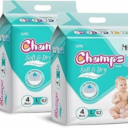 Champs Cotton Elastic Baby Diaper - Large Size(Pack of 2), 124 Pcs | 9-14 Kg | Super Absorbent Core Upto 12 Hrs Leakage Protection | Breathable, Soft & Dry | Anti Rash Pants for Babies-image-47