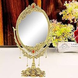 LABHCART Vintage Vanity Mirror with Stand, Oval Double Side Makeup Mirror, Gold Metal Frame with Red Gemstones, Decorative Table Top-13