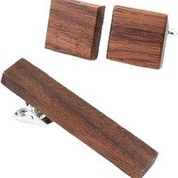 Walnut Stripes Teak Wood Silver Colored Cufflink and Tie Pin Set for Men-image-66