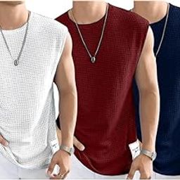 Pack of 3 Men's White Maroon Navy Blue Mini Waffle Sleeveless Muscle Fit T-Shirt | Summer Casual Gym Vest | Breathable Soft Fabric-image-98