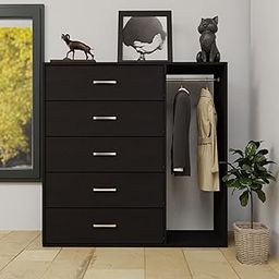 VIKI Chest of 5 Drawers with Cloth Hanger for Storage/Chest of Rack/Chest for Clothes, Engineered Wood, Suede Finish, Wenge KAYAL-23