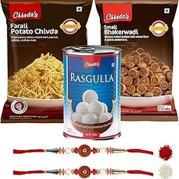 Chheda's - Bhaiyya Rakhi with Roli & Chawal - Raksha Bandhan Gift Combo - Rasgulla 500Gm, Farali Chivda 170Gm, Mini Bhakarwadi 150 Gm - Sweets & Namkeen Gift Hamper - Rakhi for Brother, Bhabhi & Kids-image-98