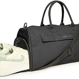 Gym Duffle Bag with Shoe Compartment for Men & Women | Water-Resistant Sports Travel Duffel | Separate Ventilated Multiple Pockets (Black)-image-65