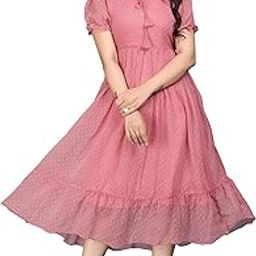 Women's Georgette Printed Polka Dot Pattern Puff Sleeves Maxi Dress for Women | Fit and Flare Below The Knee One Piece-picture-5