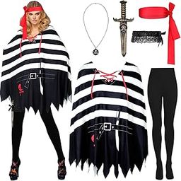 Pirate Poncho Costume for Women - Classic Red Headband, Black Leggings, Lace Bow Garter, Pirate Dagger & Necklace for Party, Halloween Cosplay & Favors, Multicolored, One Size-10