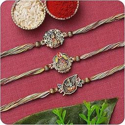 Set of 3 Lord Ganesha Krishna Om Designer Rakhis for Brother Bhabhi Bhaiya Bhai Kids | Raksha Bandhan Rakhi Combo | Roli Chawal Pack-image-89