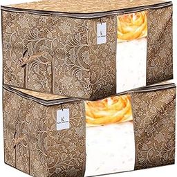 Kuber Industries Metalic Printed 2 Pieces Non Woven Fabric Underbed Storage Bag, Cloth Organiser, Blanket Cover with Transparent Window (Beige)-KUBMART2907-32