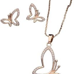 Taia Premuim Gold Chain pendent set with earrings Embedded with Zircon Stones(Butterfly)-image-62
