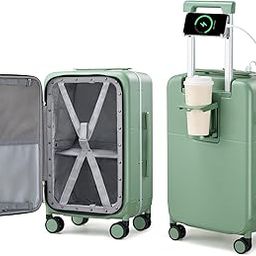 20 Inch Carry On Luggage with Cup Holder and Charge,Top Opening Hard Shell Suitcases with Wheels and Dividers,Aluminum Frame Trunk Luggage Small Suitcase with Lock for Travel,Forest Green-image-29