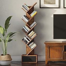 WoodMarwar Solid Sheesham Wood Book Shelf | Wooden Tree Shape Bookshelf | Free Standing Bookcase with Open 8 Shelf & One Drawer Storage | Tall Display Unit Book Stand |Rosewood, Honey Brown Finish-101