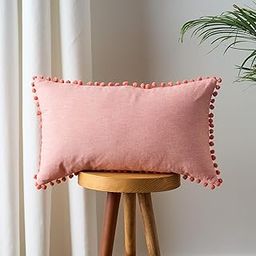 KITES CREATIONS 100% Cotton Pom Pom Cushion Without Filler, Elegant & Modern Cushion Cover for Living Room, Rectangle, 12"x20", uni Chambray, Set of 2 - Coral-image-41