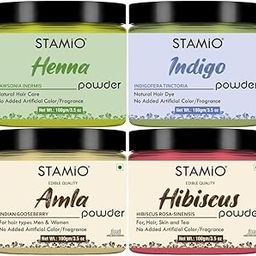 STAMIO Haircare 4 Products Combo 400 gm - Henna Indigo Amla Hibiscus Powder Pack for Black Hair Color, Healthy Scalp, Mask, Anti-Dandruff | Natural Powders Kit | In Jar (100gm X 4)-image-91