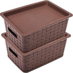 Kuber Industries BPA Free Attractive Design Multipurpose Small Trendy Storage Basket with Lid|Material-Plastic|Color-Brown|Pack of 2-10