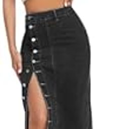 Washed Black Side Button Plain Straight Maxi Denim Skirt 12600-image-10