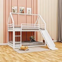 Smake Mart Metal Kids Bunk Bed with Slide & Ladder – House Shaped Twin Over Twin Bed Frame for Boys & Girls | Low Loft Bunk for Toddlers & Children | Modern White Playhouse Bed for Kids Room-picture-5