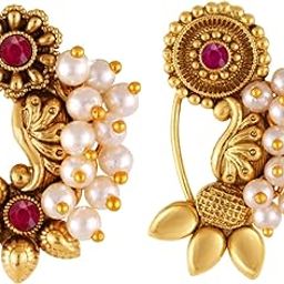 Vighnaharta Golden Moti Pearls Nath Nathiya nose pin Gold Plated Alloy two Nose Ring valentine day gift valentineday gift for her gift for him gift for women gift for woment[VFJ1180-1172NTH-Press-Red]-4
