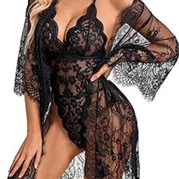 Women's Hot Lingerie Set 2 Pieces Lace Kimono Robe with Lace Lingerie Bodysuit Combo Set Black-image-23