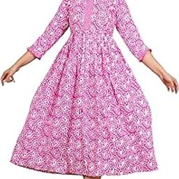 Women's Cotton Fabric 3/4 Sleeves Round Neck Flower Printed Anarkali Maternity Kurti with Double Side Zipper-picture-9