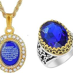 Combo Pack of Blue Enamel Arabic Quran Verse Pendant Necklace and Matching Blue Faux Stone Finger Ring Fashion Jewelry For Men & Boys-image-10