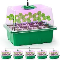 Bonviee 5 Packs Seed Starter Tray with Plant Light, Elevated Seedling Starter Trays Kits with Adjustable Humidity Domes and Clear Cell Tray, 12 Full Spectrum led lamp Beads for Plants Indoor-Green-picture-7