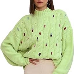 Cable Knit Sweater: Lime Women and Girls Long Sleeves Round Neck All Over Printed Acrylic Oversized Sweaters-image-91