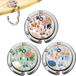 HASTHIP® 3Pcs Desk Bag Hanger Pretty Floral Design Metal Bag Hanger Portable Folding Bag Ring Hanger for Table, Office Desk Aluminum Alloy Removable Hooks for Bags, Handbag, Backpack-27