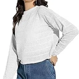 icw Women's Stretchable Knitted Crochet Hollow Out Drop Shoulder Crop Top T-Shirt DN89-picture-17