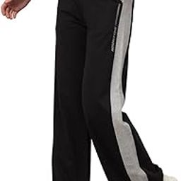 Women's Track Pants, Navy Blue with Grey Side Stripe, Wide Leg, Drawstring Waist-image-4
